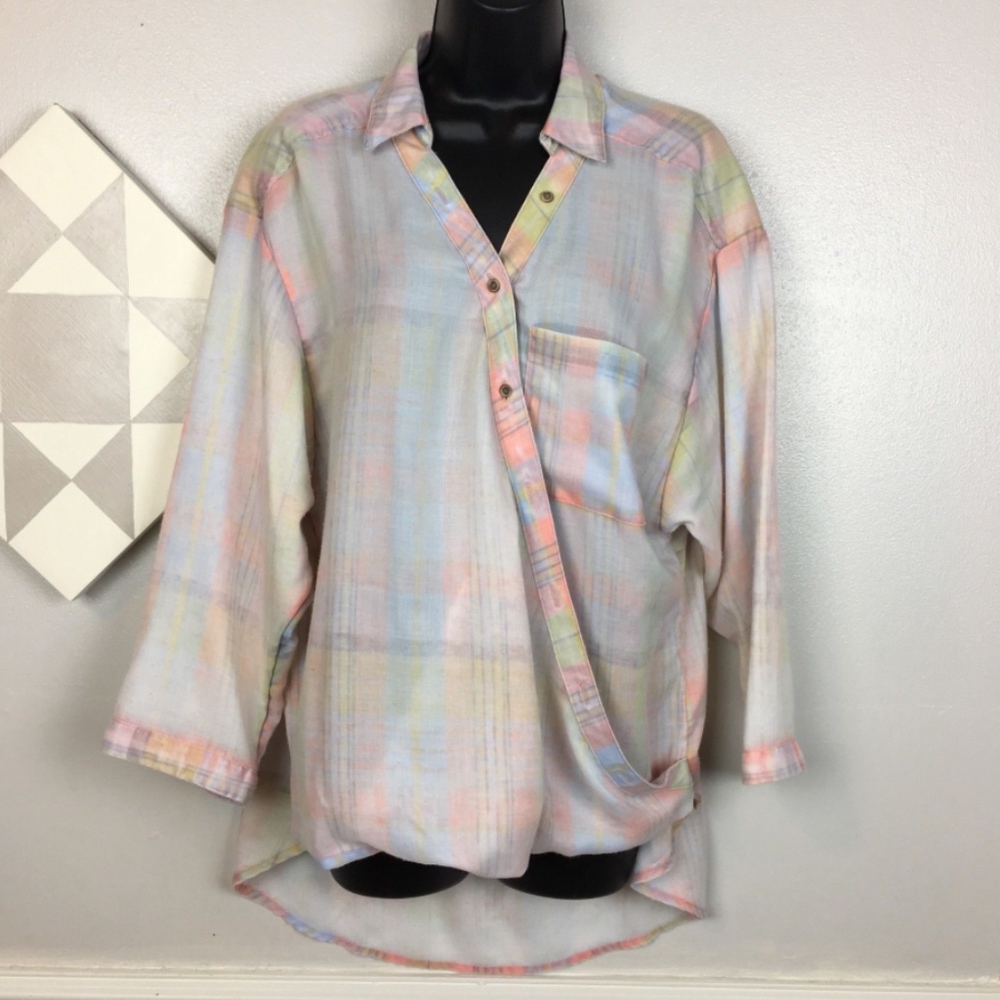 Maeve Anthropologie Wrapped Plaid Top Pastel Shirt